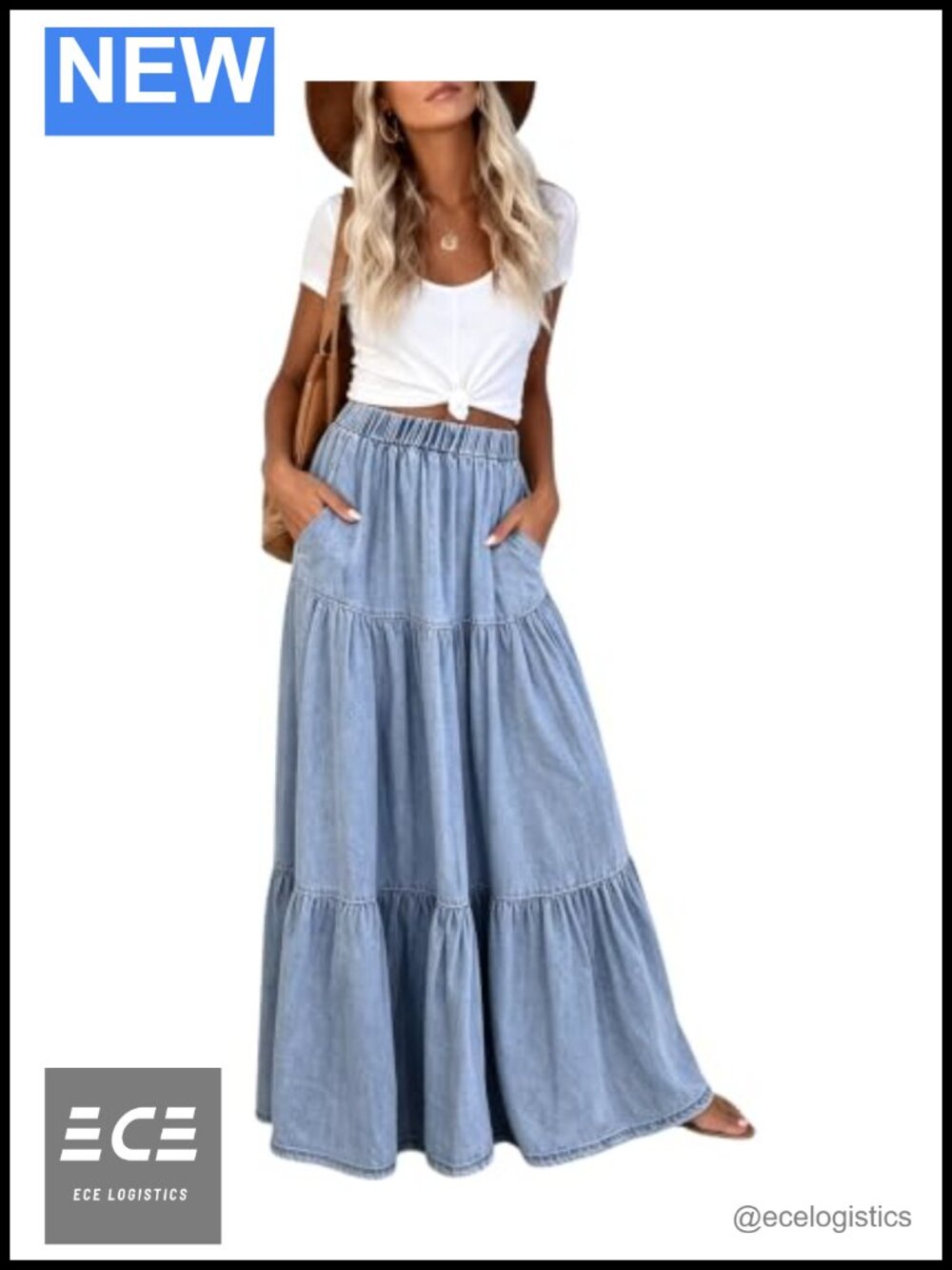 Lyocell Denim-Look Tiered Maxi Skirt with Pockets, High Waist Flowy